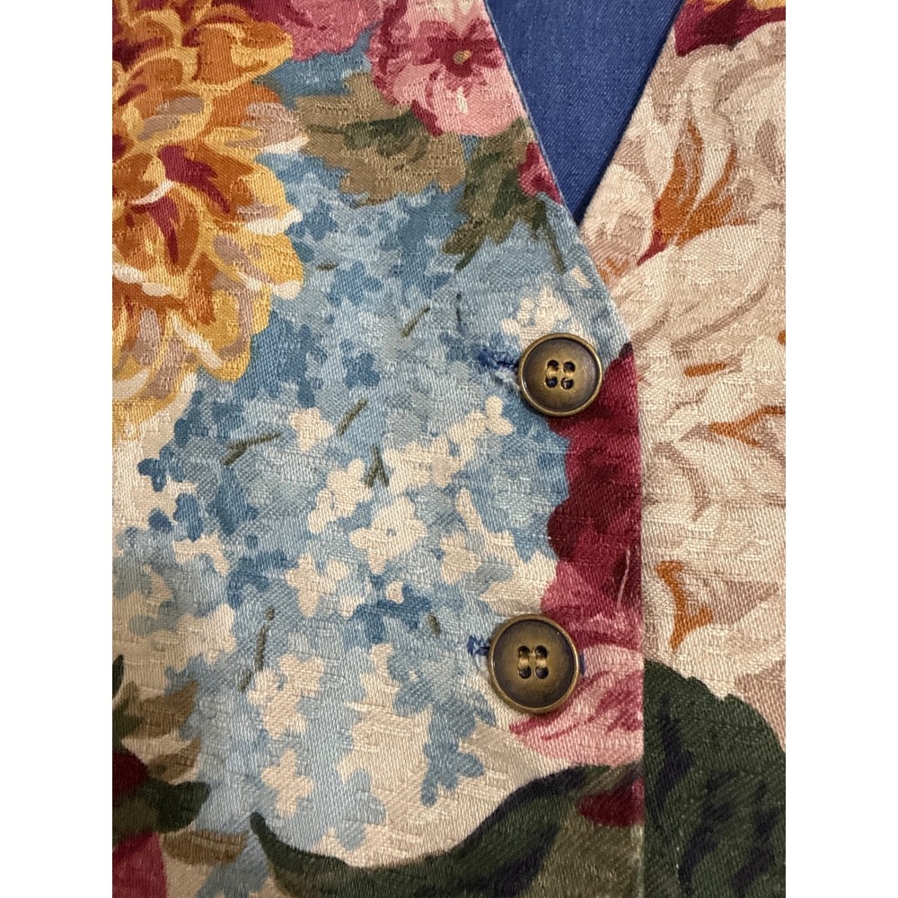 Vintage Floral Tapestry Vest Blue Denim Back Button Front Boho Cottagecore Women - Picture 2 of 14